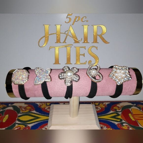The Unbranded Brand Accessories - Chic Black Hair Ties with Pearl and Rhinestone Embellishments 5 Pcs.